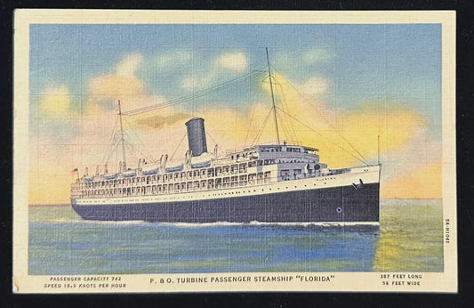 P. & O. Turbine Passenger Steamship "Florida" (Bound to Havana, Cuba) - Vintage Postcard