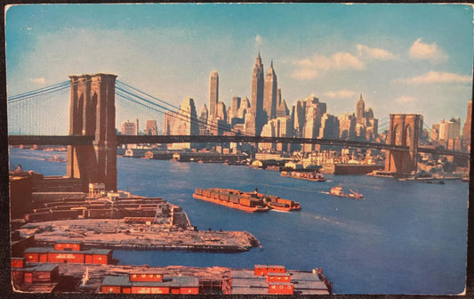 Brooklyn Bridge, New York City - New York - 1980s Hudson River Barge Traffic Postcard