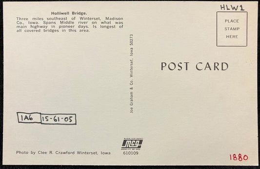 Holliwell Bridge - Winterset, Iowa - Photo: Clee R. Crawford - Vintage Covered Bridge Postcard