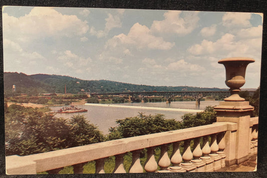 Allegheny River and Highland Park Bridge - Pittsburgh, Pennsylvania -by Paul M. Penney -Vintage Pittsburgh Postcard- River Cargo Carriers -