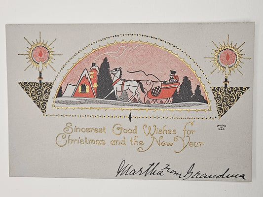 Horse and Buggy Christmas Card "Sincerest Good Wishes" With Gold and Pink Engraving on Art Deco Details - 1920s card - signed