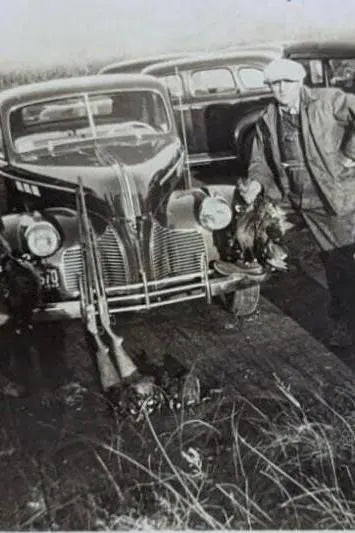 Black and White Photo of Two Men After a successful  Hunt with Guns, birds  and Dog - Vintage Photo