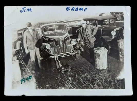 Black and White Photo of Two Men After a successful  Hunt with Guns, birds  and Dog - Vintage Photo