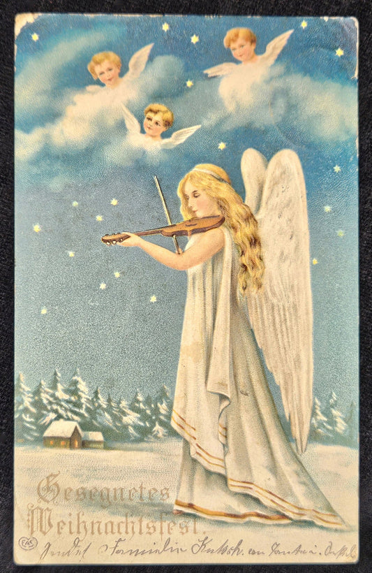 Angel Playing Violin With Cherubs with Snowy Night Time Landscape - German Christmas Postcard -