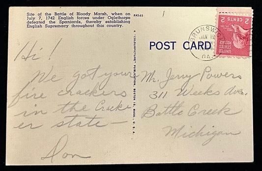 Battle of Bloody Marsh Monument - St. Simon's Island - Brunswick, GA.- Vintage Linen Postcard