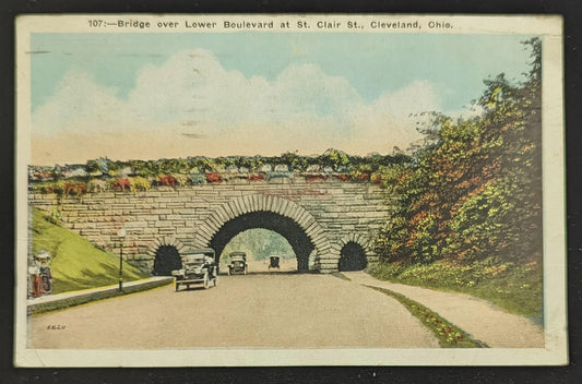 Bridge over Lower Boulevard at St. Clair St., Cleveland, Ohio - Vintage Bridge Postcard - Ornate Limestone Bridge in 1920s