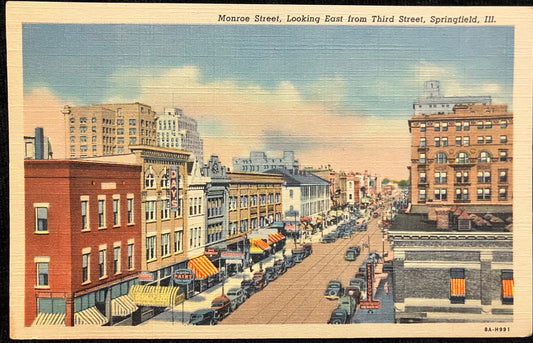 Monroe Street, Looking East from Third Street, Springfield, Illinios - Vintage 1930s Postcard - vintage Cars on Street - Great Parking Skills??