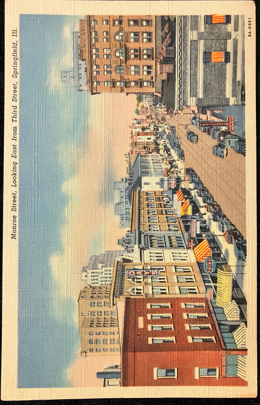 Monroe Street, Looking East from Third Street, Springfield, Illinios - Vintage 1930s Postcard - vintage Cars on Street - Great Parking Skills??
