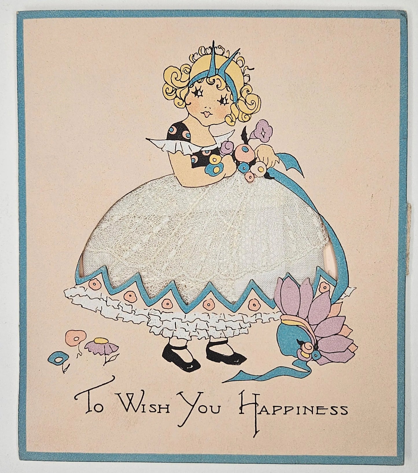 Rare Art Deco Vintage Greeting Card -To Wish You Happiness -  Little Girl With Flowers And Lace Dress Insert