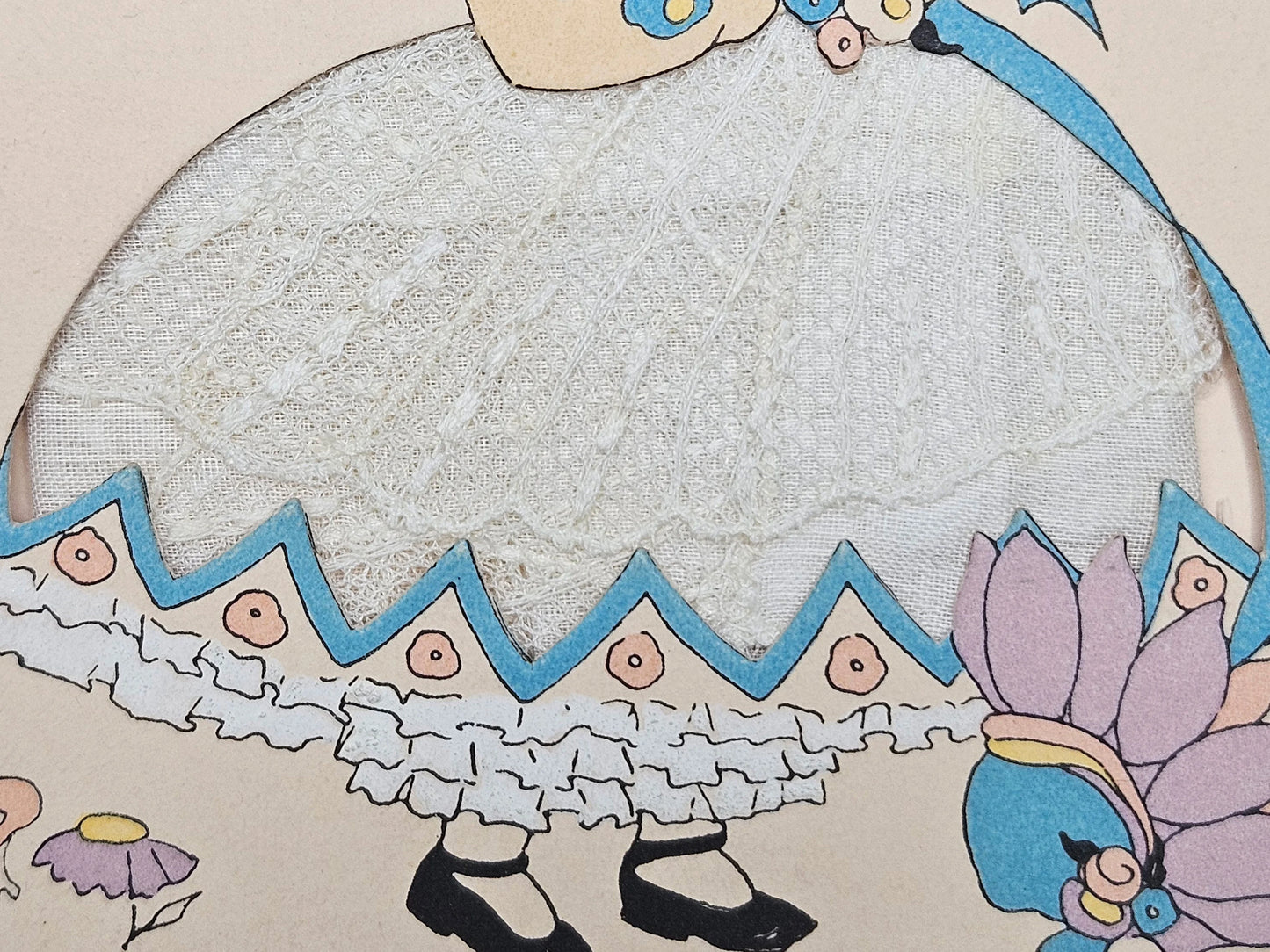 Rare Art Deco Vintage Greeting Card -To Wish You Happiness -  Little Girl With Flowers And Lace Dress Insert