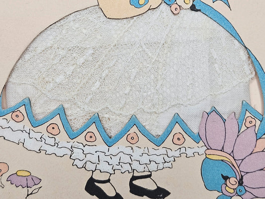 Rare Art Deco Vintage Greeting Card -To Wish You Happiness -  Little Girl With Flowers And Lace Dress Insert