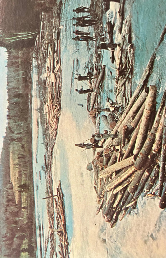 Annual Spring Log Drive on White River - Ontario, Canada - Vintage Logging Postcard - Lumbermen Riding and steering the logs - Bells Falls