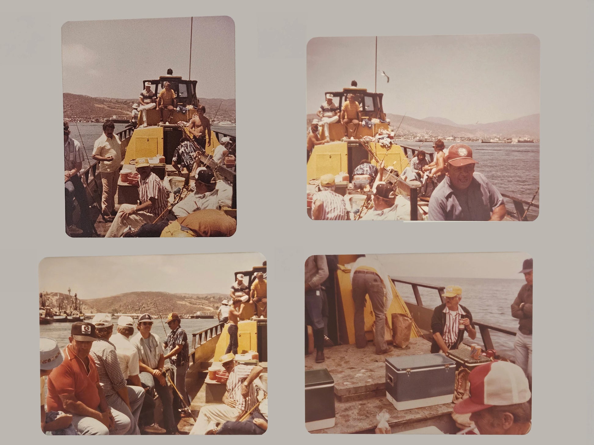 Four vintage-style photographs of people on a fishing boat with a scenic background.