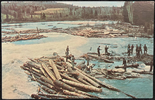 Annual Spring Log Drive on White River - Ontario, Canada - Vintage Logging Postcard - Lumbermen Riding and steering the logs - Bells Falls