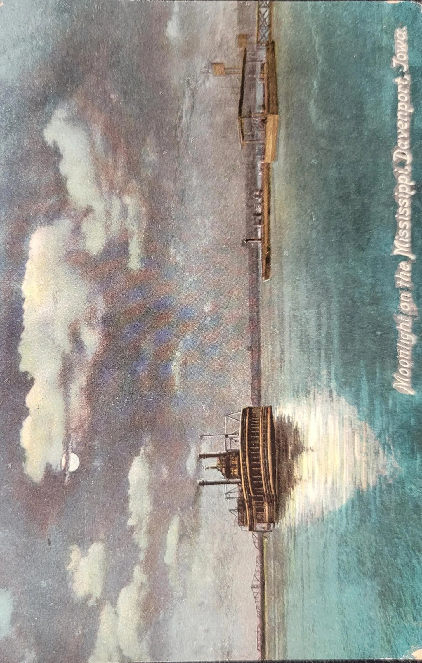 Moonlight on the Mississippi - Davenport, Iowa. - Made in Germany - Vintage Postcard