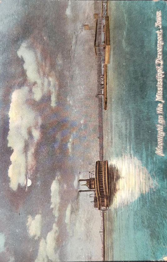 Moonlight on the Mississippi - Davenport, Iowa. - Made in Germany - Vintage Postcard