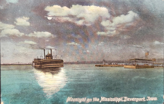 Moonlight on the Mississippi - Davenport, Iowa. - Made in Germany - Vintage Postcard