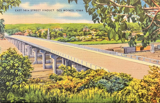 East 14th Street Viaduct - Des Moines, Iowa - 1940s Linen Postcard