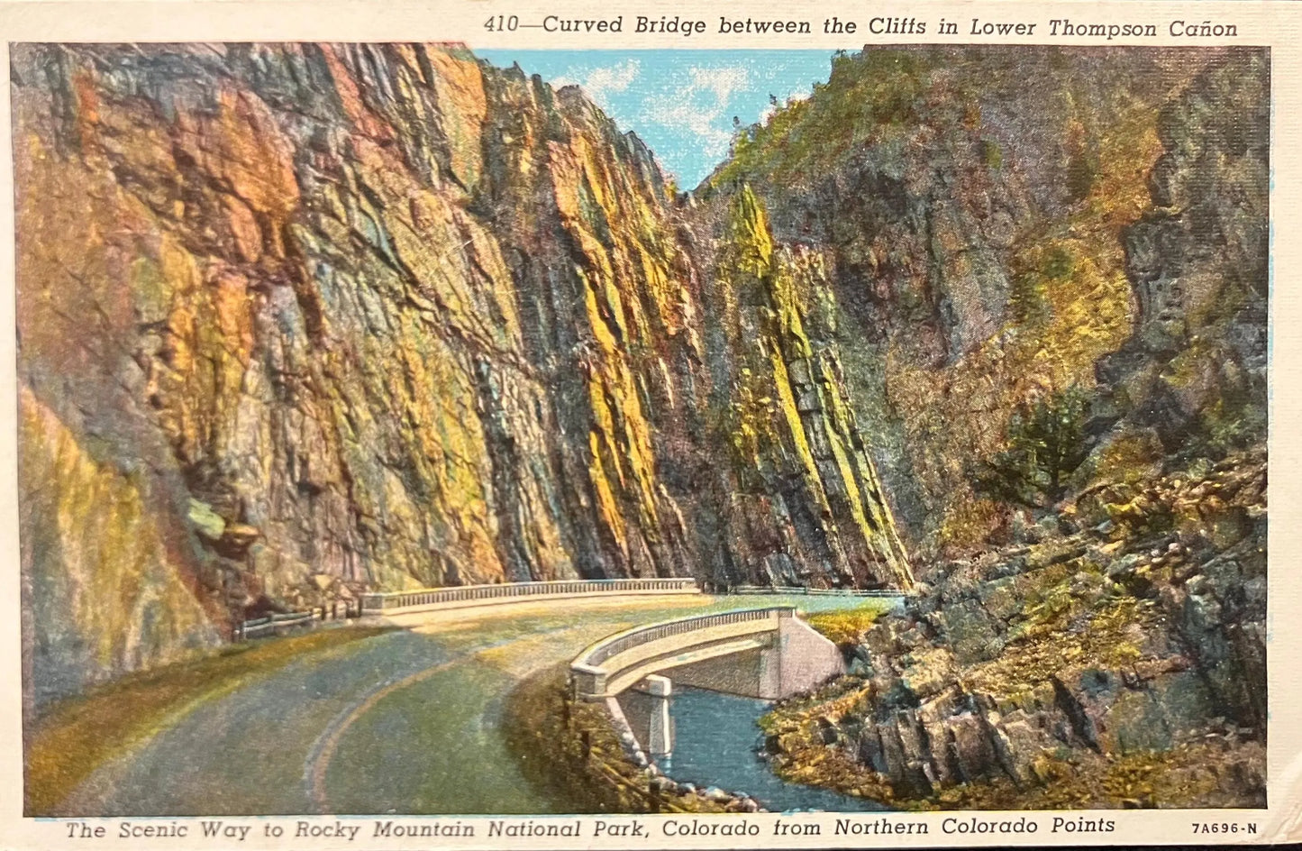 Rocky Mountain National Park - Curved Bridge between the Cliffs in Lower Thomspon Cañon - 1910s Linen Postcard