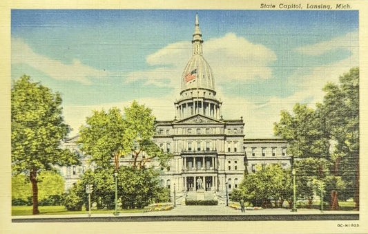 State Capitol - Lansing, Michigan - 1940s Linen Postcard
