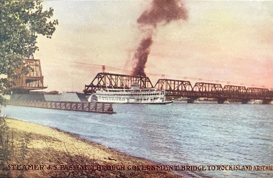 Steamer J. S. - Passing Through Government Bridge - Rock Island Arsenal - Vintage Bridge Postcard