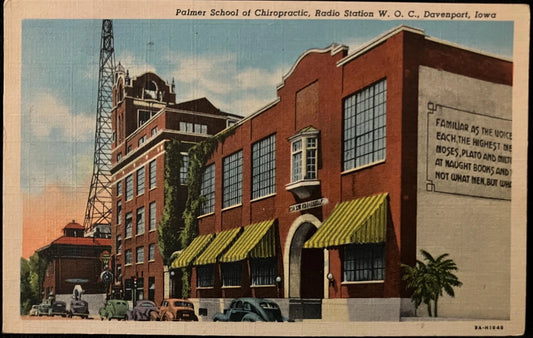 Palmer School of Chiropractic - Radio Station W. O. C. - Davenport, Iowa - 1950s Linen Postcard
