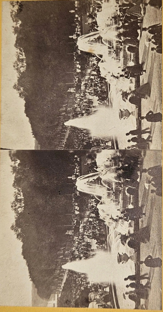 Stereoview Card- Parc De Versailles France Large Waters Bassin De Latone, has a mysterious signature and date of  Oct. 10, 1806 on the back