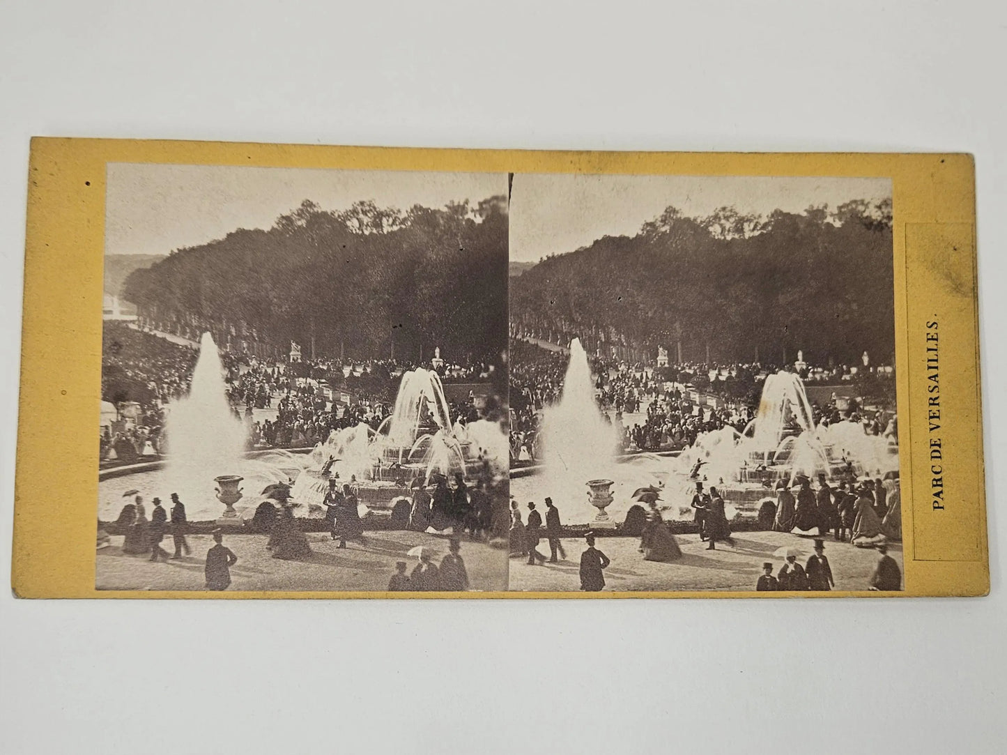 Stereoview Card- Parc De Versailles France Large Waters Bassin De Latone, has a mysterious signature and date of  Oct. 10, 1806 on the back