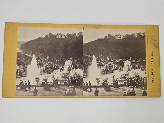 Stereoview Card- Parc De Versailles France Large Waters Bassin De Latone, has a mysterious signature and date of  Oct. 10, 1806 on the back