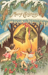 Embossed Cherubs Ringing Christmas Bells - Pine Boughs and Holly  - Merry Christmas- Vintage Postcard