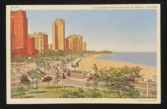 Lake Shore Drive and Oak St. Beach, Chicago, Illinois in 1930s- Vintage Postcard