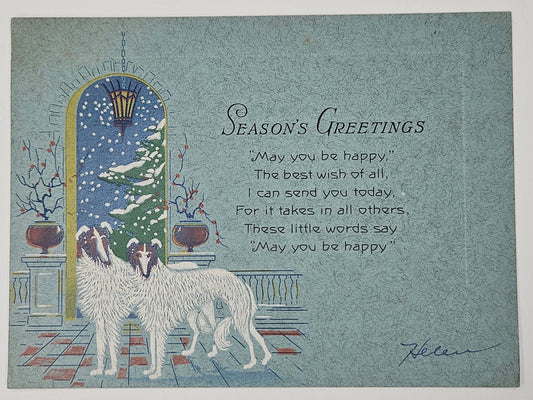 Embossed Christmas Card- Two Borzoi Hounds In Front of Window with Snowy Landscape Outside "Season's Greetings" signed Helen - Art Deco Card