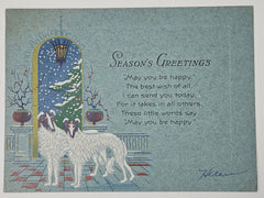 Embossed Christmas Card- Two Borzoi Hounds In Front of Window with Snowy Landscape Outside 