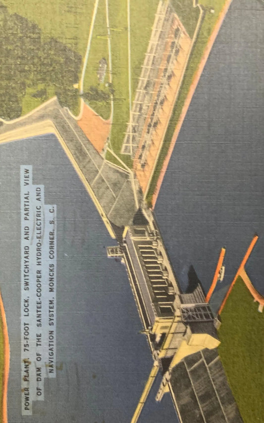 Power Plant, Partial View of Dam of the Santee-Cooper Hydro-electric and Navigation System, Moncks Corner, South Carolina - Vintage Postcard