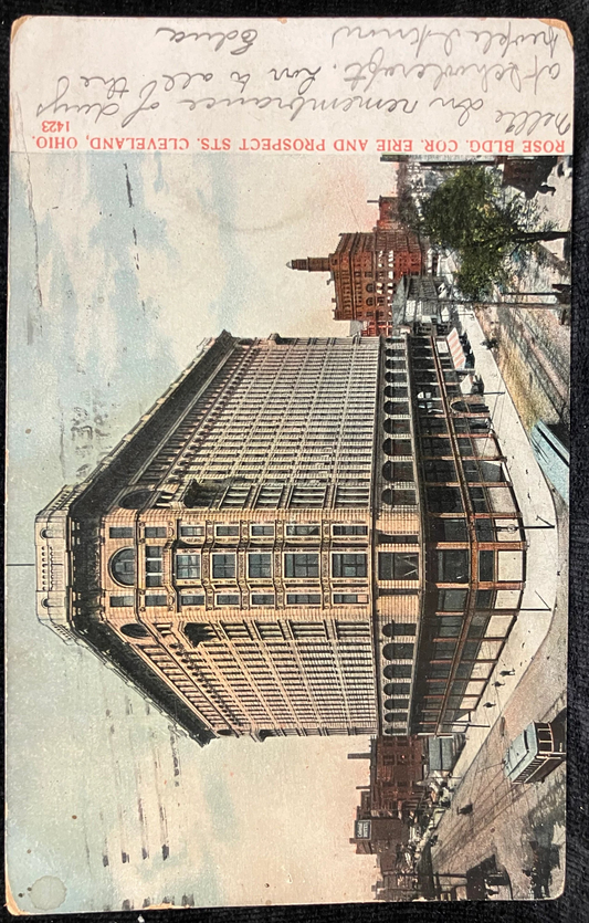 Rose Bldg. Cor. Erie and Prospect Sts. Cleveland, Ohio - Made in Germany - Vintage  1900 Postcard - Address Only Backside with 1908 postmark