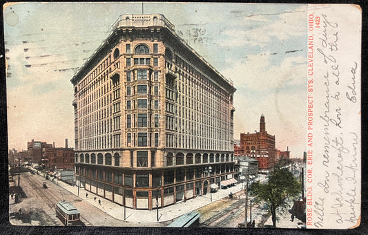 Rose Bldg. Cor. Erie and Prospect Sts. Cleveland, Ohio - Made in Germany - Vintage  1900 Postcard - Address Only Backside with 1908 postmark