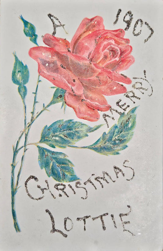 Embossed Red Rose on Christmas Postcard - Decorated With Glitter - "A 1907 Merry Christmas Lottie" - Very Early Christmas Postcard - unmailed