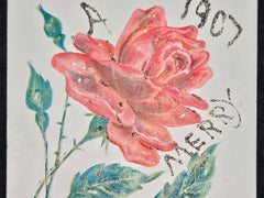 Embossed Red Rose on Christmas Postcard - Decorated With Glitter - 