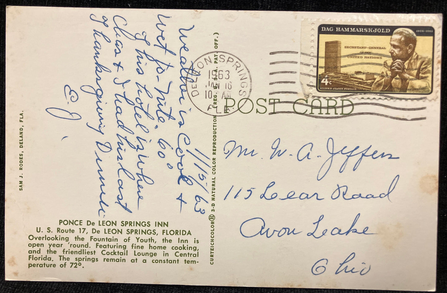Ponce De Leon Springs Inn in De Leon Springs, Florida - Dag Hammarskjold (1905-1961) Stamp - Vintage Inn Postcard