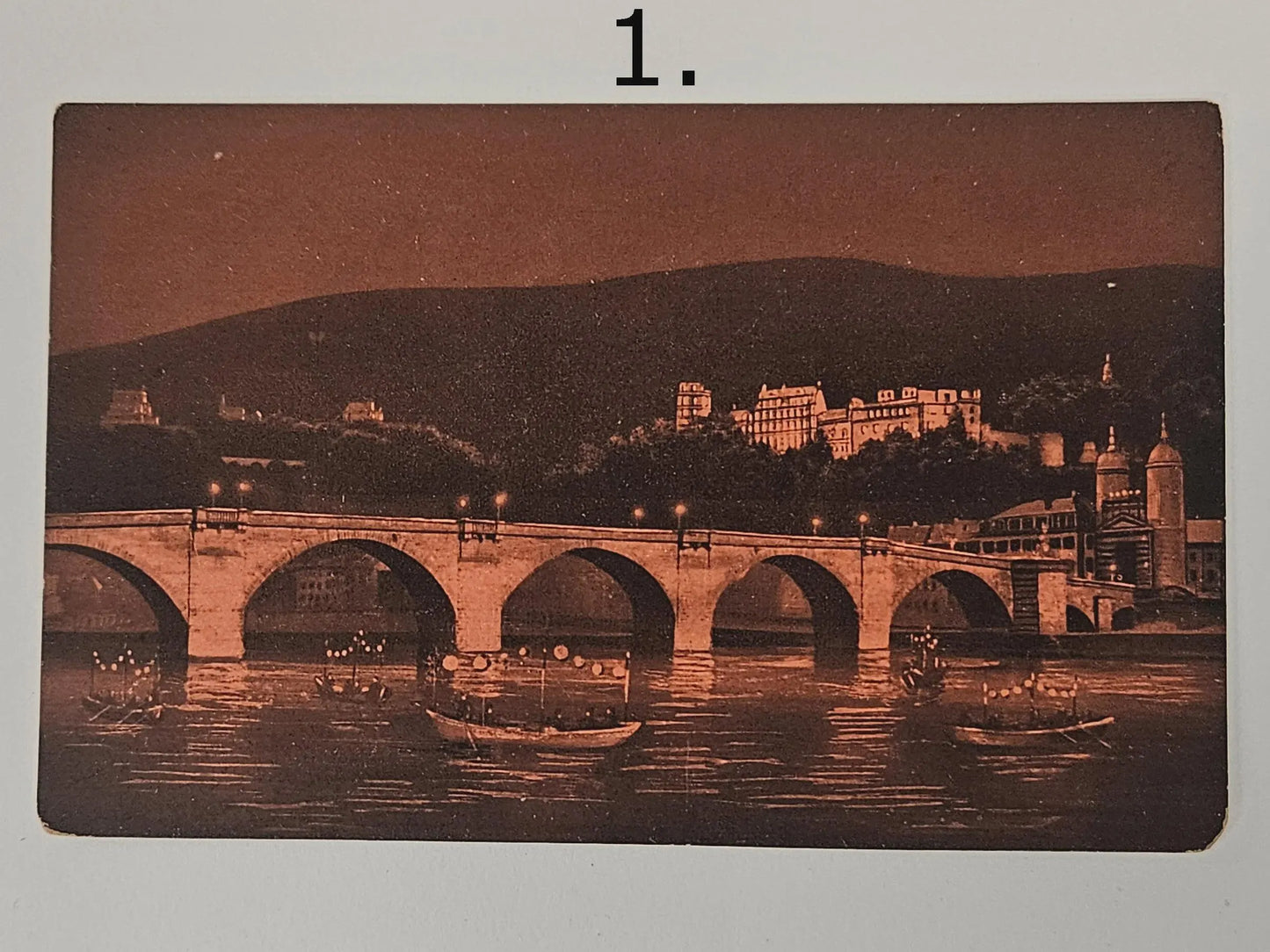 Heidelberg Bridge on the Neckar River in the Evening - 1926 Germany -  Bridge Postcard- " Die Sclossbeleuchtung"