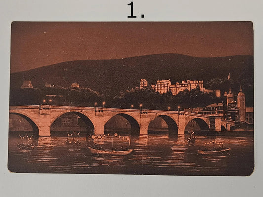 Heidelberg Bridge on the Neckar River in the Evening - 1926 Germany -  Bridge Postcard- " Die Sclossbeleuchtung"