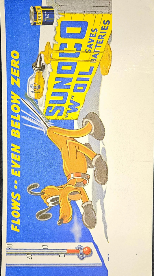 Sunoco "W" Oil "Flows Even Below Zero" - Sunco Advertisement - 1940 Trade Card Advertisement with Disney Pluto