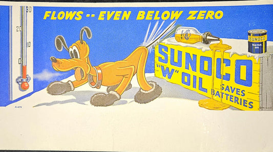 Sunoco "W" Oil "Flows Even Below Zero" - Sunco Advertisement - 1940 Trade Card Advertisement with Disney Pluto