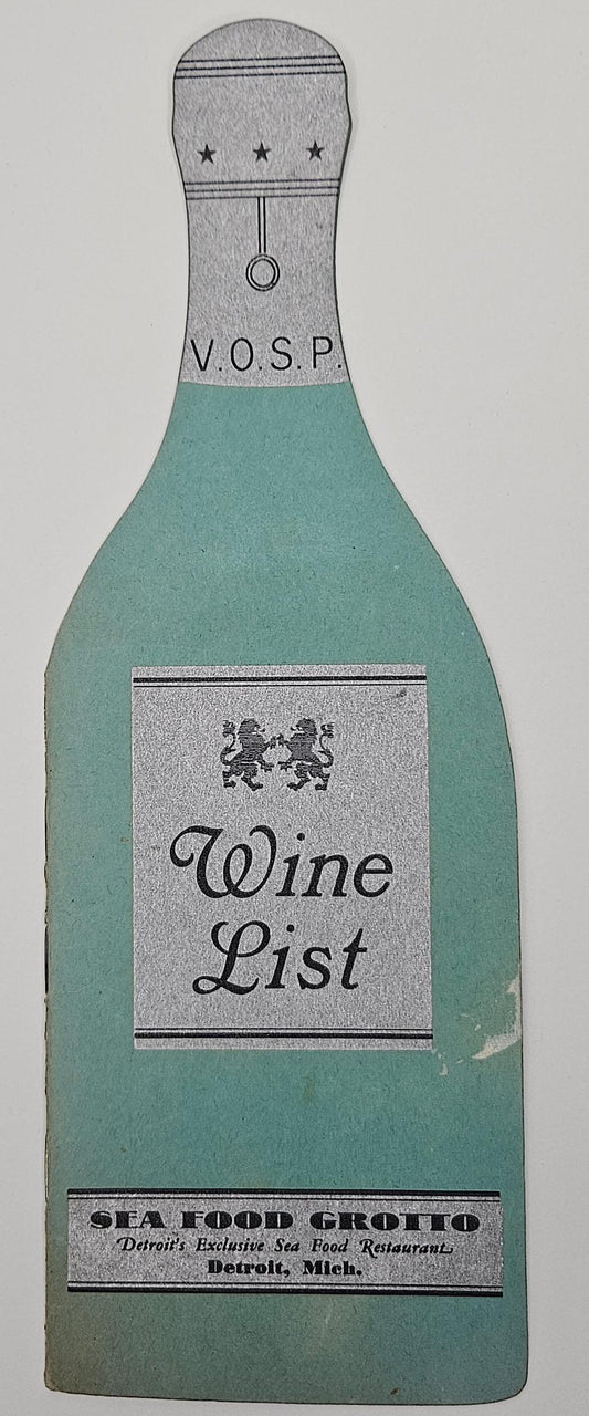 1930s Sea Food Grotto -Detroit - Wine List Menu Shaped Like Bottle - Vintage Folding Card