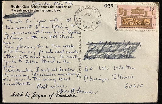 Golden Gate Bridge - San Francisco, California - Sketch: Jagua of Sausalito - Centennial of Sound Recording - Vintage Postcard