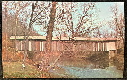 Adams Mill Bridge over Wild Cat Creek in Carroll County, Indiana - Photo byJohn V. Pontiere Jr. - Vintage Indiana Covered Bridge Postcard