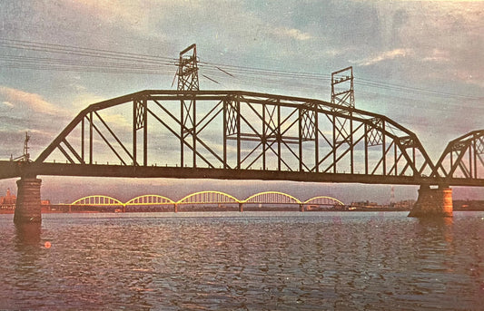 Sunset on the Mississippi River - Rock Island Centennial Bridge - Davenport, Iowa - Ektachrome by Rene Briegel - Vintage Bridge Postcard