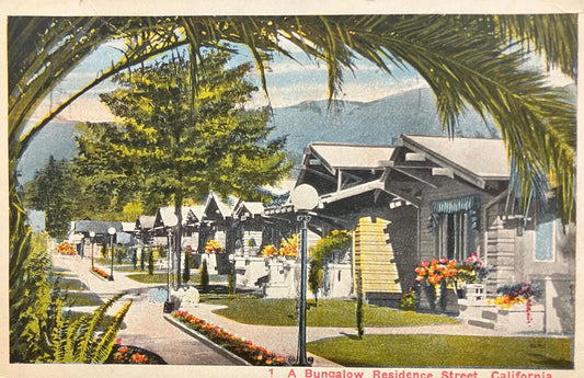 Vintage postcard of a California residential street with bungalows and palm trees.