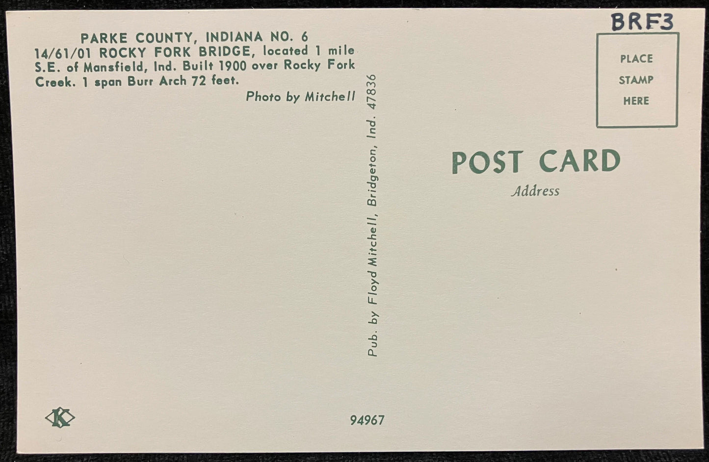 Rocky Fork Bridge in Parke County, Indiana - Photo: Mitchell - Vintage Covered Bridge Postcard