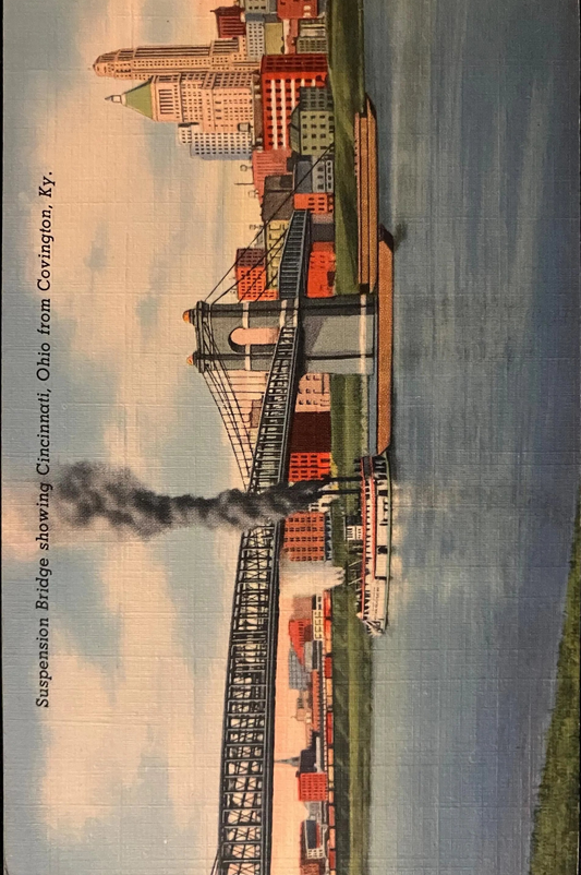 Suspension Bridge showing Cincinnati, Ohio from Covington, Kentucky - Vintage Bridge Postcard